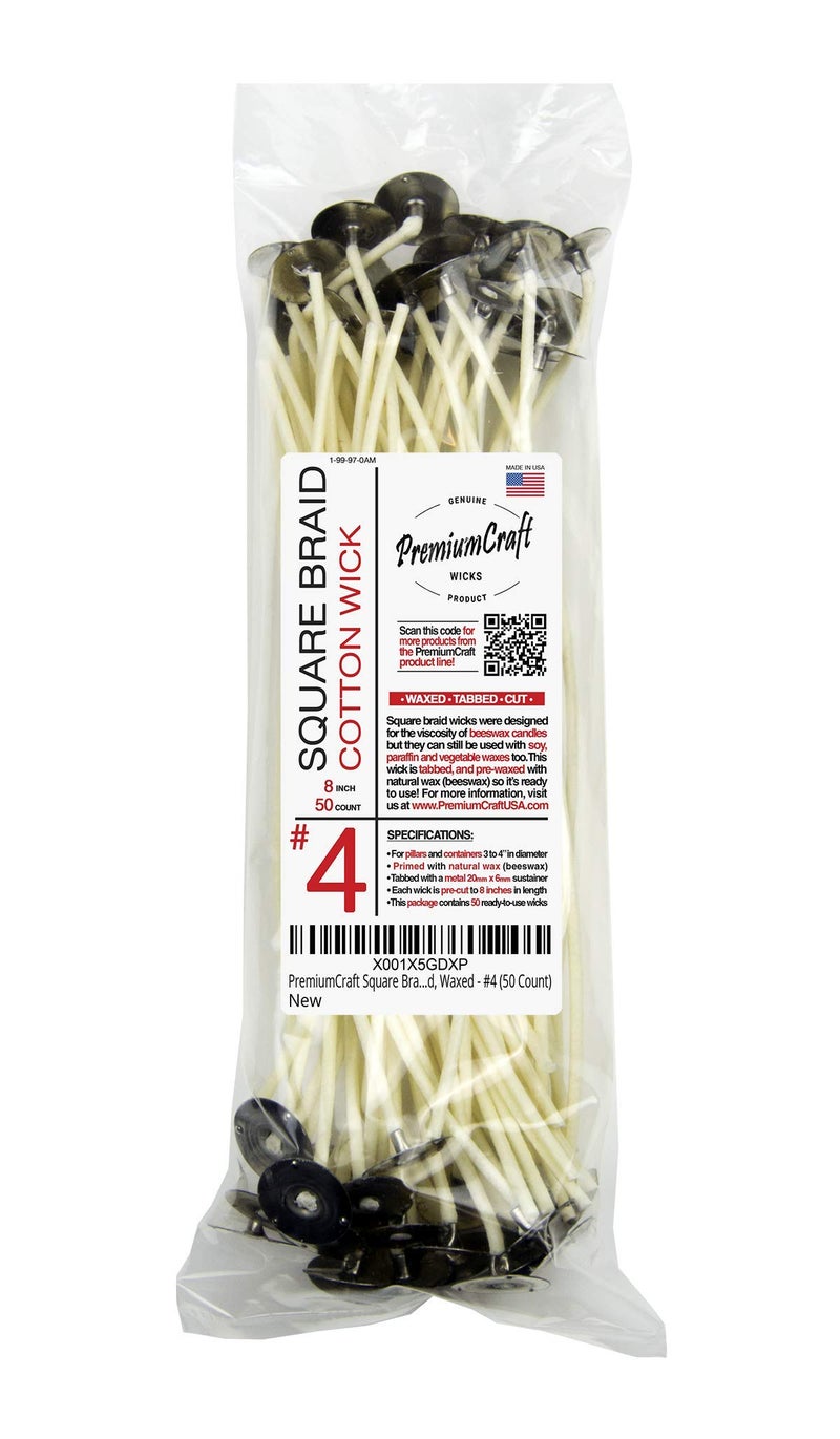 PremiumCraft Square Braid Cotton Candle Wick - #4, Tabbed, Waxed (50 Count)